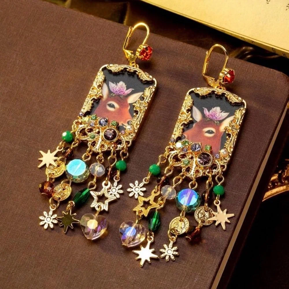 Deer Portrait Celestial Crystal Beads Earrings Vintage Style Chandelier Gold NEW